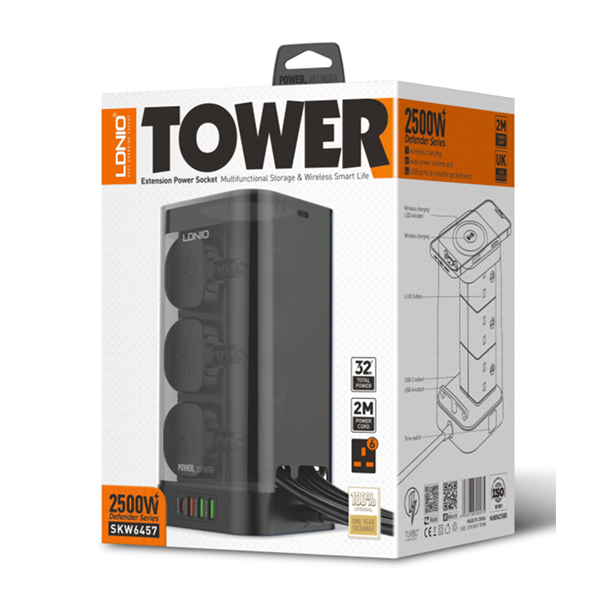 ldnio-2500w-uk-tower-extension-power-socket-1pd-30w-1qc3-0-2-incomm